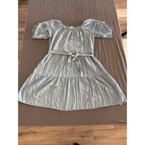 Indigo Rose Blue Chambray Peasant Midi Dress Medium Puff Sleeves Cinched Waist